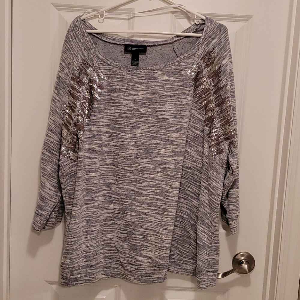 INC gray & white with sequin detail top